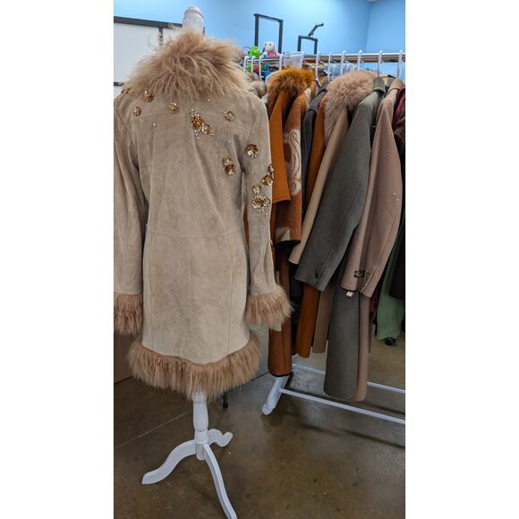 Penny Lane 100% genuine Suede Jacket, Lamb Fur Trim, Sequin Embroidery - S - Picture 12 of 12